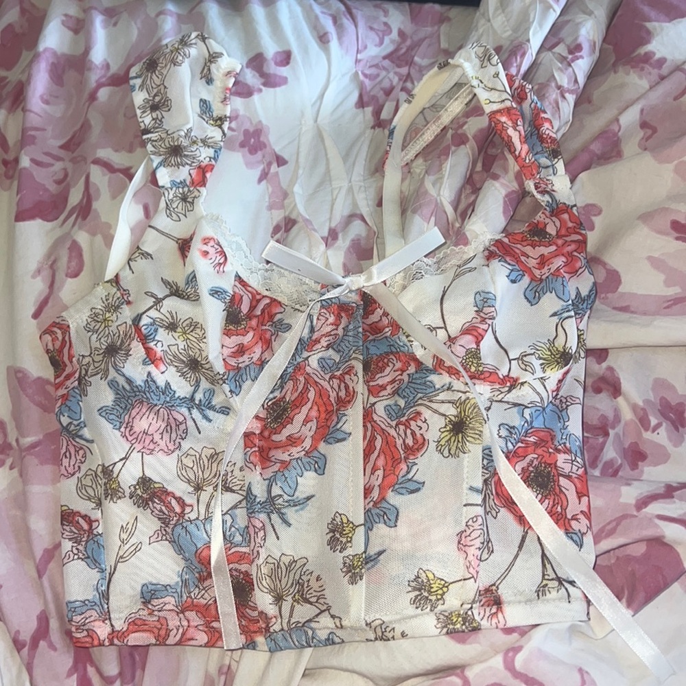 Size small, from SHIEN, white, pink, yellow and blue top